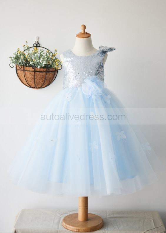 Silver Sequin Blue Tulle V Back Butterfly Flower Girl Dress